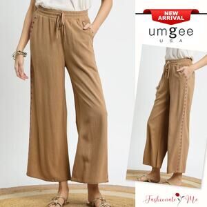 Umgee Elastic Waistband Drawstring Side Pockets Cropped Wide Leg Pants | Camel